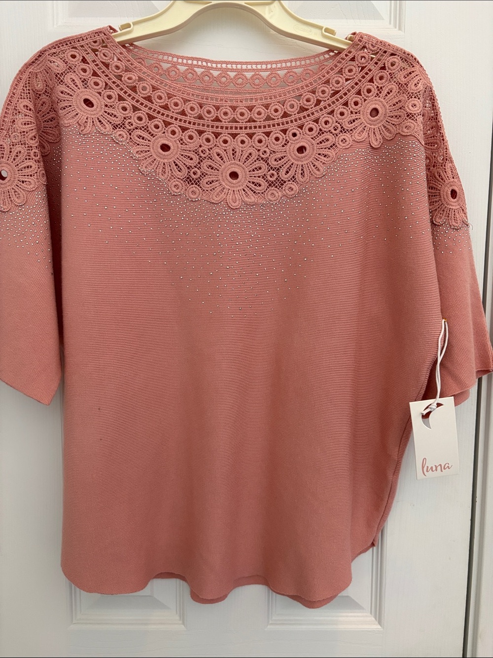 Luna Women's Dusty Rose Crochet Yoke Short Sleeve Sweater
